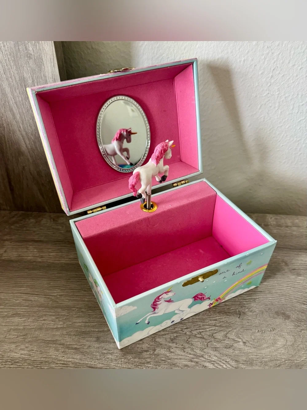 Girl's Musical Jewelry Storage Box with Spinning Unicorn, 6 x 4.65 x 3.5 inches